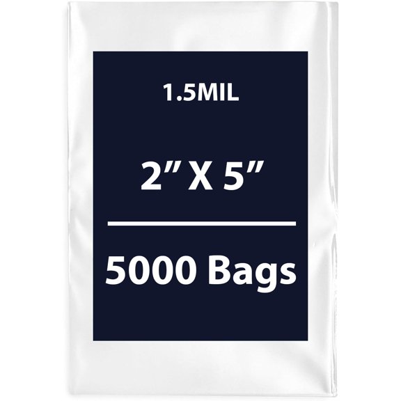 Clear Flat Poly Bags, 1.5Mil 2" X 5" & 5000 Bags | Low-Density Polyethylene (LDPE), Flat Open Top Plastic Packaging Packing | Flexible and Durable Plastic Bags