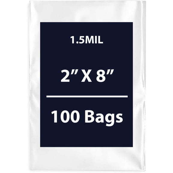 Clear Flat Poly Bags, 1.5Mil 2" X 8" & 100 Bags | Low-Density Polyethylene (LDPE), Flat Open Top Plastic Packaging Packing | Flexible and Durable Plastic Bags