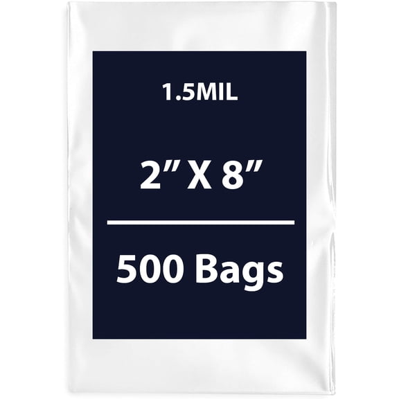 Clear Flat Poly Bags, 1.5Mil 2" X 8" & 500 Bags | Low-Density Polyethylene (LDPE), Flat Open Top Plastic Packaging Packing | Flexible and Durable Plastic Bags
