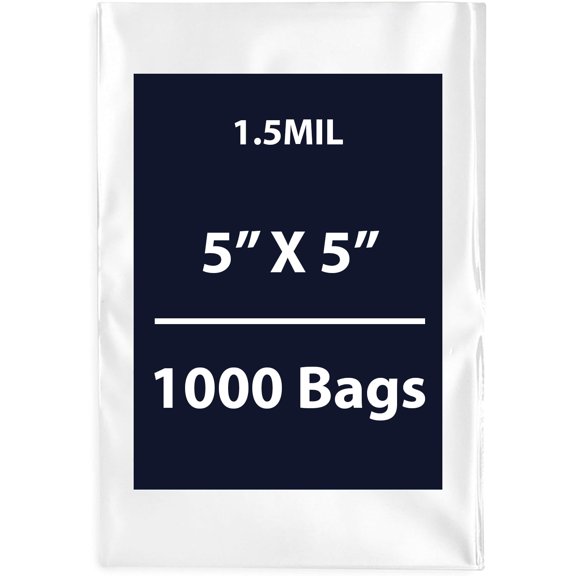 Clear Flat Poly Bags, 1.5Mil 5" X 5" & 1000 Bags | Low-Density Polyethylene (LDPE), Flat Open Top Plastic Packaging Packing | Flexible and Durable Plastic Bags