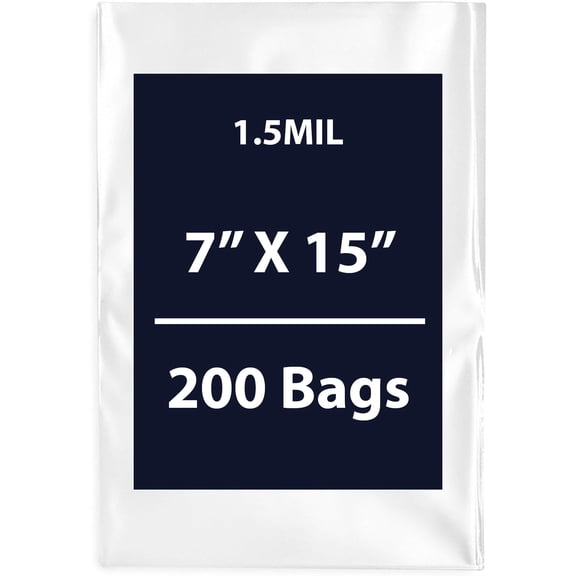 Clear Flat Poly Bags, 1.5Mil 7" X 15" & 200 Bags | Low-Density Polyethylene (LDPE), Flat Open Top Plastic Packaging Packing | Flexible and Durable Plastic Bags