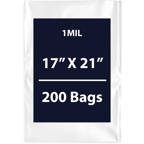 Clear Flat Poly Bags, 1Mil 17" X 21" & 200 Bags | Low-Density Polyethylene (LDPE), Flat Open Top Plastic Packaging Packing | Flexible and Durable Plastic Bags