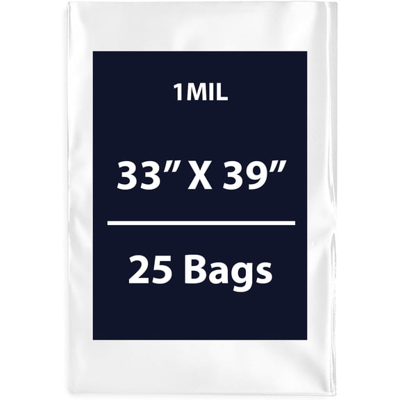 Clear Flat Poly Bags, 1Mil 33" X 39" & 25 Bags | Low-Density Polyethylene (LDPE), Flat Open Top Plastic Packaging Packing | Flexible and Durable Plastic Bags