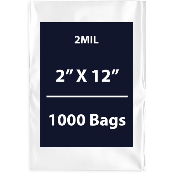 Clear Flat Poly Bags, 2Mil 2" X 12" & 1000 Bags | Low-Density Polyethylene (LDPE), Flat Open Top Plastic Packaging Packing | Flexible and Durable Plastic Bags