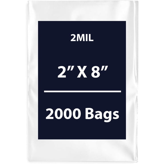 Clear Flat Poly Bags, 2Mil 2" X 8" & 2000 Bags | Low-Density Polyethylene (LDPE), Flat Open Top Plastic Packaging Packing | Flexible and Durable Plastic Bags