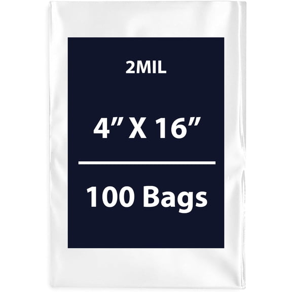 Clear Flat Poly Bags, 2Mil 4" X 16" & 100 Bags | Low-Density Polyethylene (LDPE), Flat Open Top Plastic Packaging Packing | Flexible and Durable Plastic Bags