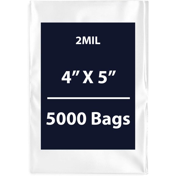 Clear Flat Poly Bags, 2Mil 4" X 5" & 5000 Bags | Low-Density Polyethylene (LDPE), Flat Open Top Plastic Packaging Packing | Flexible and Durable Plastic Bags