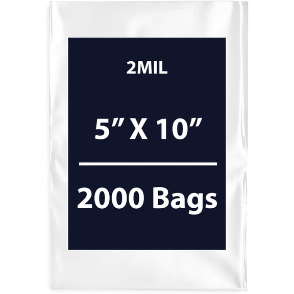 Clear Flat Poly Bags, 2Mil 5" X 10" & 2000 Bags | Low-Density Polyethylene (LDPE), Flat Open Top Plastic Packaging Packing | Flexible and Durable Plastic Bags