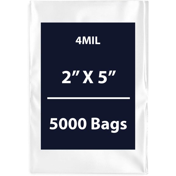 Clear Flat Poly Bags, 4Mil 2" X 5" & 5000 Bags | Low-Density Polyethylene (LDPE), Flat Open Top Plastic Packaging Packing | Flexible and Durable Plastic Bags