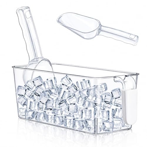 Clear Flexible Ice Bin for Freezer with Pull-Out Handle, Scoop Set Plastic Ice Bucket Storage Container, Gray, 10.83 x 4.92 x 4.33 in, No Lid, Easy Access Kitchen Ice Tray Holder