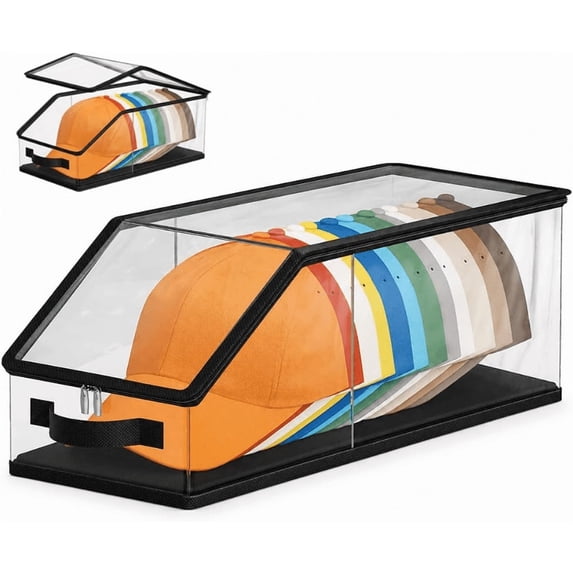 Clear Flip-Top Hat Storage Bin with Zipper Closure, Multi-Cap Display Organizer Box, Stackable Dust Proof Cap Holder for Baseball Caps Snapback Hats Bedroom Closet Decor