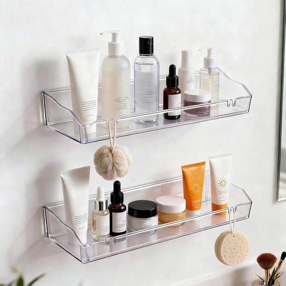Clear Floating Shelves, Acrylic Shelves for Bathroom Organizers and Storage, Shelf with Adhesive or Screws, Wall Mount Organizer Shower Caddy,Room Decor, Kitchen, Living Room