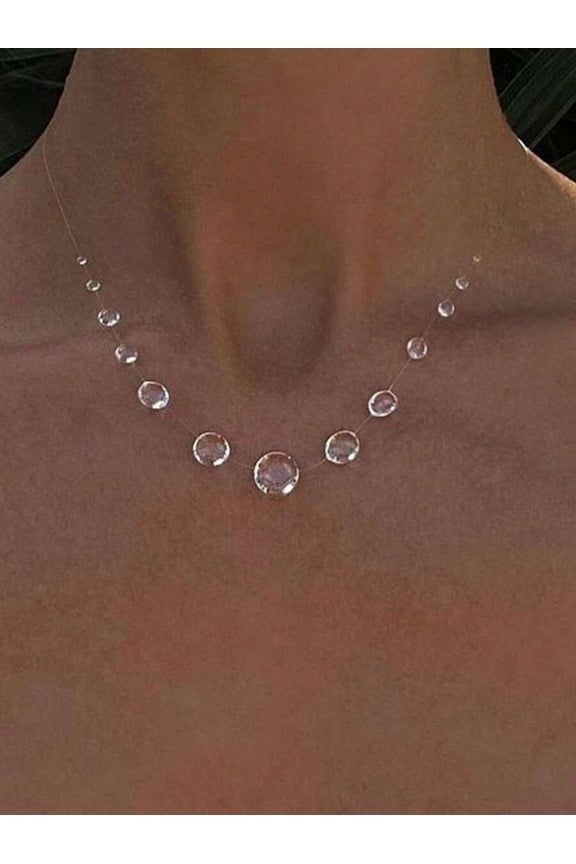 Clear Floating Water Drop Beaded Necklace With Invisible Thread, Minimalist Collarbone Chain Design