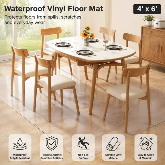 Clear Floor Mat 4x6 ft Large Non-Slip Waterproof Vinyl Area Rug Protector for Kitchen, Living Room, Under Table, Pet and Spill Resistant