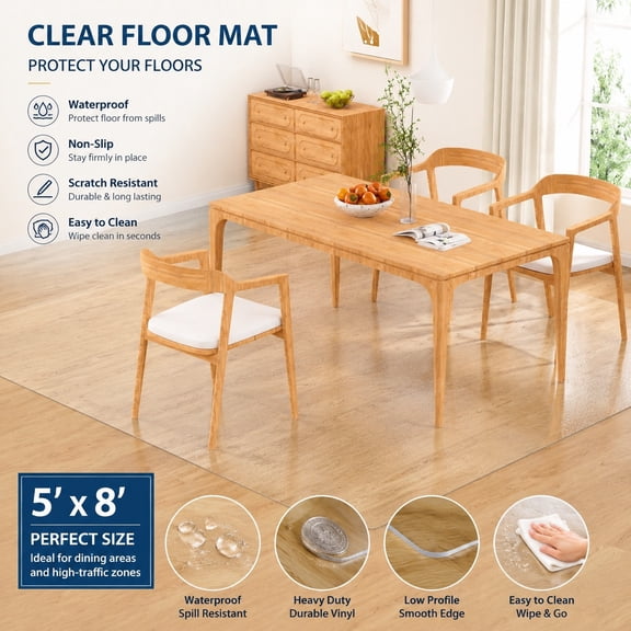 Clear Floor Mat 5x8 for Dining Table Area – Waterproof Non Slip Vinyl Rug, Hard Floor Protector Against Spills & Scratches, Easy Clean Carpet Cover for Kitchen and Living Room