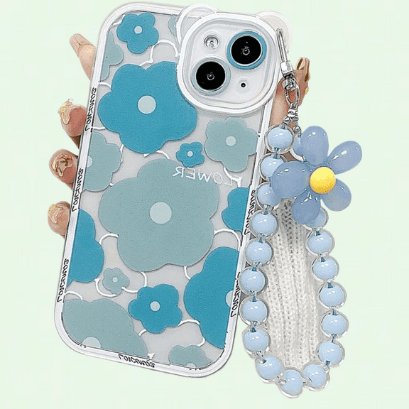 Clear Floral Bear Camera Lens Case for iPhone 13 with Flower Bracelet Chain, Soft TPU Shockproof Cover-Blue