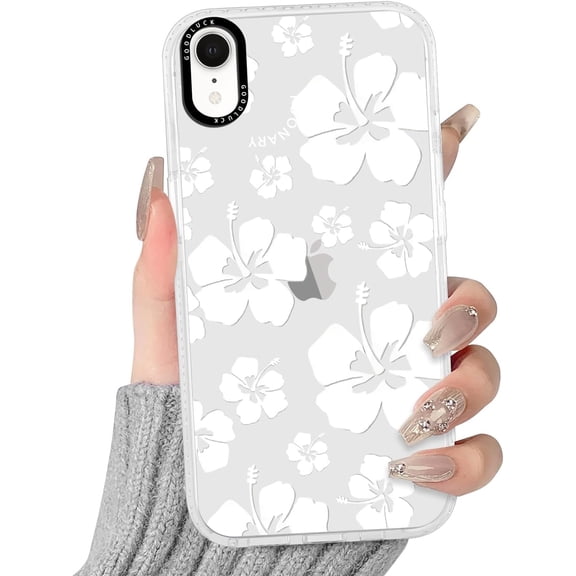 Clear Floral Flower Hibiscus Case for iPhone XR 6.1", Cute Preppy Pattern Crystal Aesthetic Design Soft Slim Anti-Yellow Protective Shockproof TPU Phone Cover for Women Girls - White