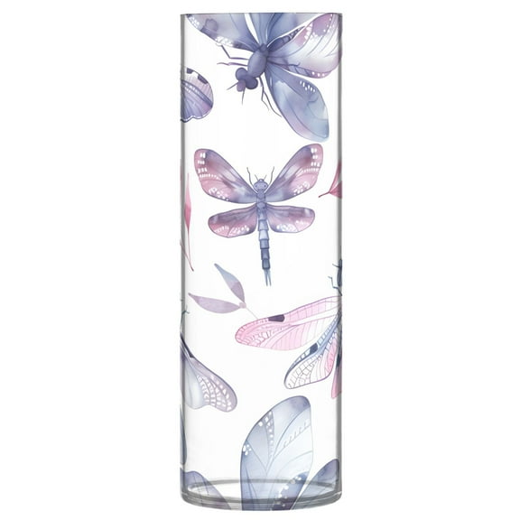 Clear Flower Vase Centerpieces Plastic Cylindrical Vases Home Wedding Decor 4"x12" Dragonflies and Leaf