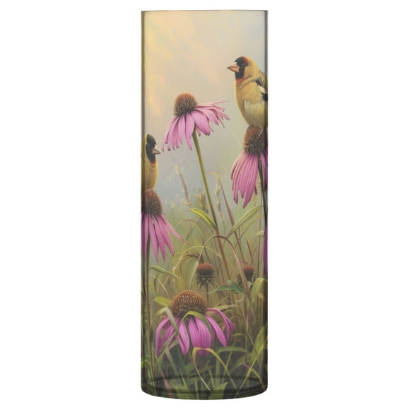 Clear Flower Vase Centerpieces Plastic Cylindrical Vases Home Wedding Decor 4"x12" Goldfinches Bird Perched on Flowers