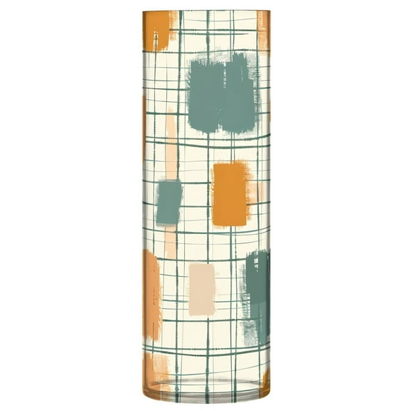 Clear Flower Vase Centerpieces Plastic Cylindrical Vases Home Wedding Decor 4"x12" Orange Green on Cream Squares