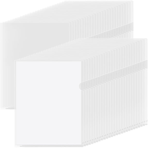 Clear Folders Sleeves Plastic Documents Project Pockets 100 Pack, Fits Letter Size 8.5x11 Paper, L-Shaped File Jackets, Acid-Free Poly Plastic, Transparent