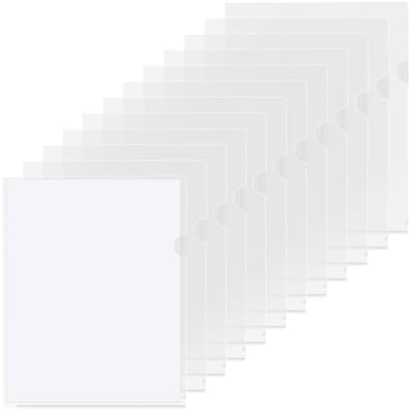 Clear Folders Sleeves Plastic Documents Project Pockets 12 Pack, Fits Letter Size 8.5x11 Paper, L-Shaped File Jackets, Acid-Free Poly Plastic, Transparent