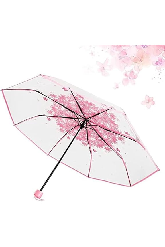 Clear Folding Umbrella, Compact Sun Parasol, 3 Fold PVC Handheld Rain Umbrella with Metal Pole and Exquisite Handle for Adult Shopping and Outdoor Travel