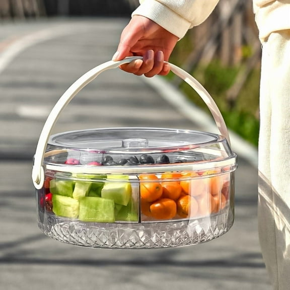 HEYMKGO Portable Fruit Storage Container with Lid & Compartments & Ice Layer & Non-Slip Handle Ideal for Picnic, Camping, Office & Refrigerator