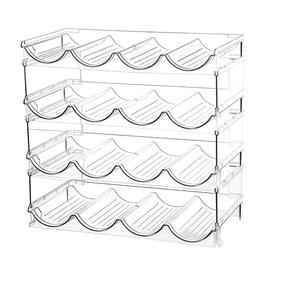 Clear Four Tier Stackable Wine Bottle Storage Rack, Detachable Drink Organizer for Kitchen Fridge and Home Bar Counter, Space Efficient Solution for Organizing Beverages and Bottles