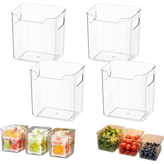Clear Freezer Storage Bins with Handles, Stackable, 4-Pack, for Refrigerator and Pantry