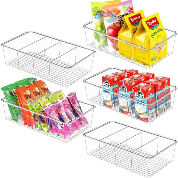 Clear Fridge Organizer Bin with Divider Plastic Food Storage Container for Refrigerator Freezer and Pantry Kitchen Use