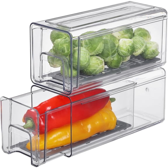 Clear Fridge Organizer Drawers with Drainer, Refrigerator Stackable Storage Bins for Kitchen Fruit & Veggie Organization (2PCS, Small)