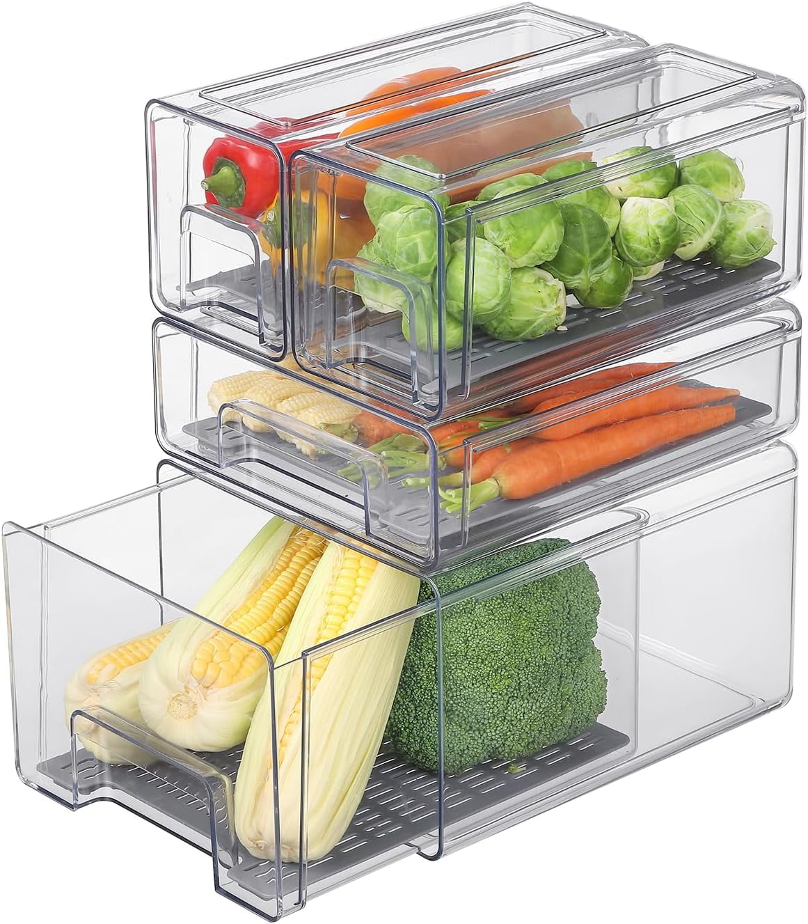 Pull Out Clear Fridge Organizer Drawers with Drainer, Refrigerator Stackable Storage Bins for Kitchen Fruit & Veggie Organization (Complete Set)