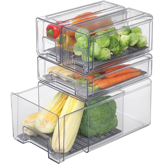 Pull Out Clear Fridge Organizer Drawers with Drainer, Refrigerator Stackable Storage Bins for Kitchen Fruit & Veggie Organization (Complete Set)