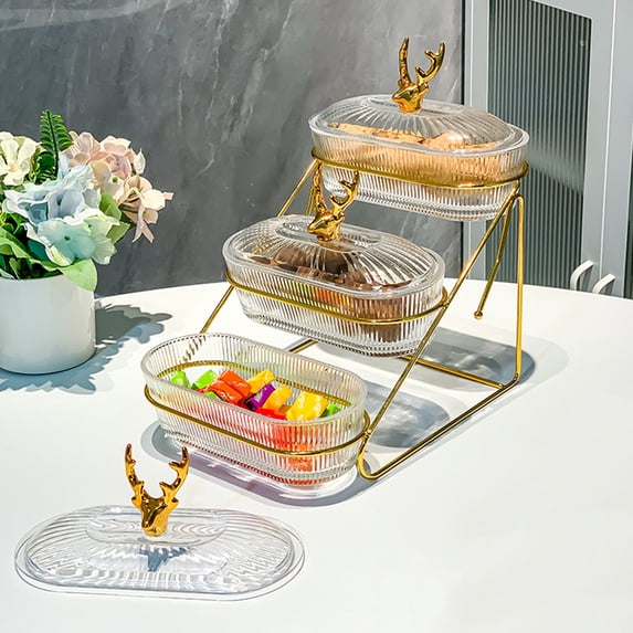 Clear Fruit Snack Tray with Lid and Compartments, Stackable Dried Fruit Dessert Display Tray – Modern Afternoon Tea Serving Tray for Living Room Kitchen Party Use