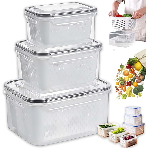 Clear Fruit Storage Containers for Fridge with Removable Colander, 4-in-1 Airtight Food Storage Box for Vegetables, Berry and Grape