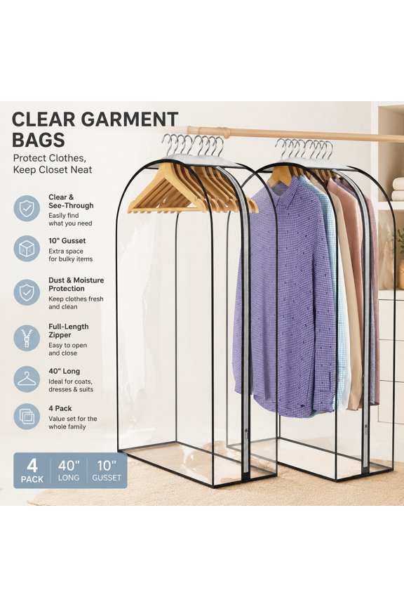 Clear Garment Bags for Hanging Clothes with 10” Gusset, Suit Covers for Closet Storage, Plastic Clothes Protectors for Coats, Dresses, Shirts, 2 Pack, 40” Long