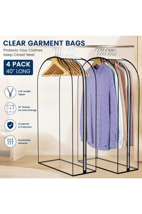 Clear Garment Bags for Hanging Clothes, 10” Gusseted Suit Covers, Plastic Hanging Clothes Storage Protectors for Coat, Dress, Shirt, Fur, 2 Pack, 40” Long