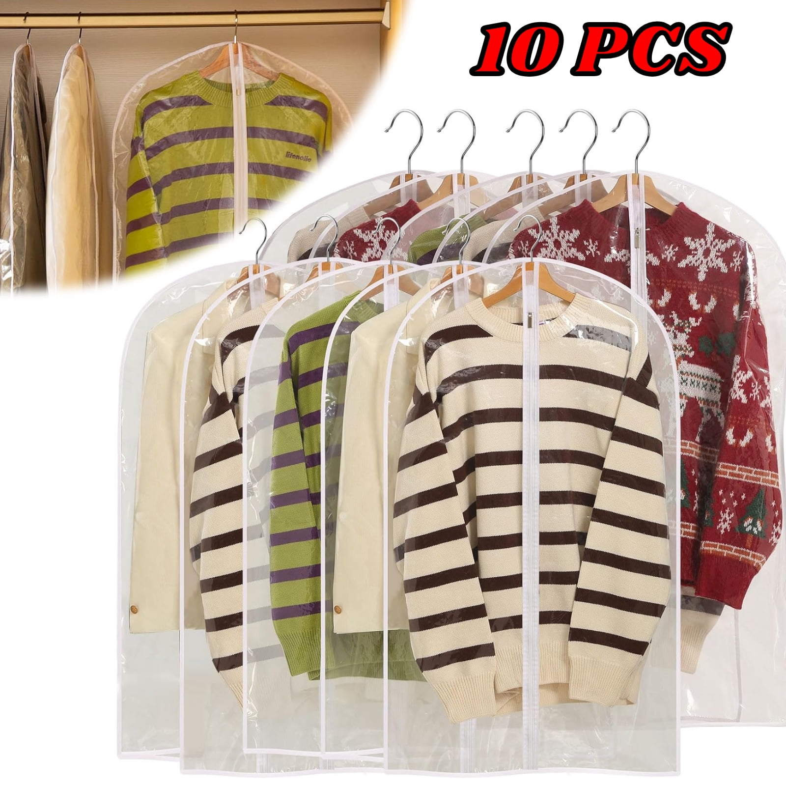 All Clear Garment Bags for Hanging Clothes, 10 Pack Suit Bags for Closet Storage, Plastic Dustproof Suit Cover Bags, Clothes Protectors Bag with zipper for Coats, Jackets, Shirts