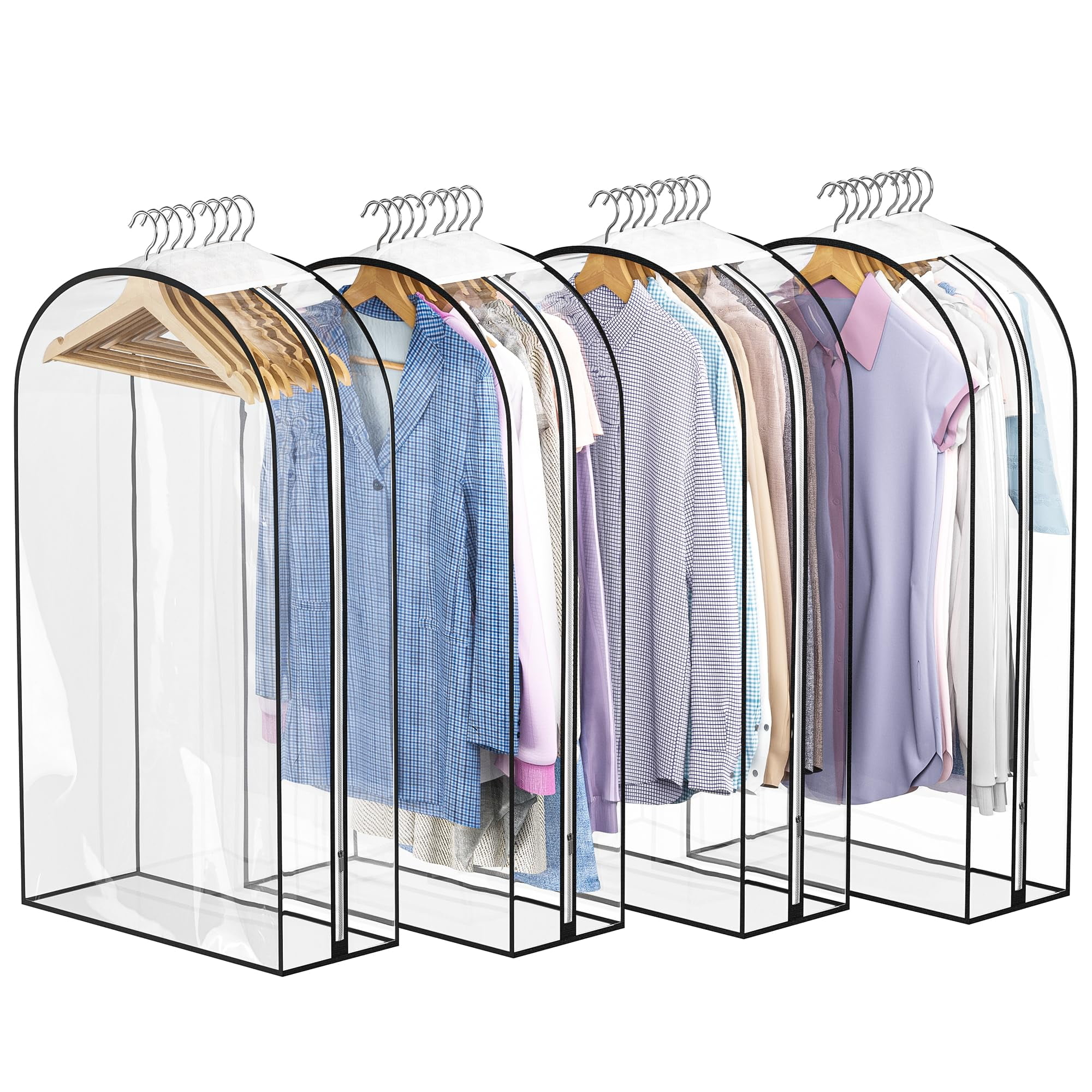 Clear Garment Bags for Hanging Clothes Gusseted, Suit Bags for Closet Storage, Hanging Plastic Clothes Cover for Coat, Dress, Fur, Shirt, 4 Pack, （60*80-25.5cm）