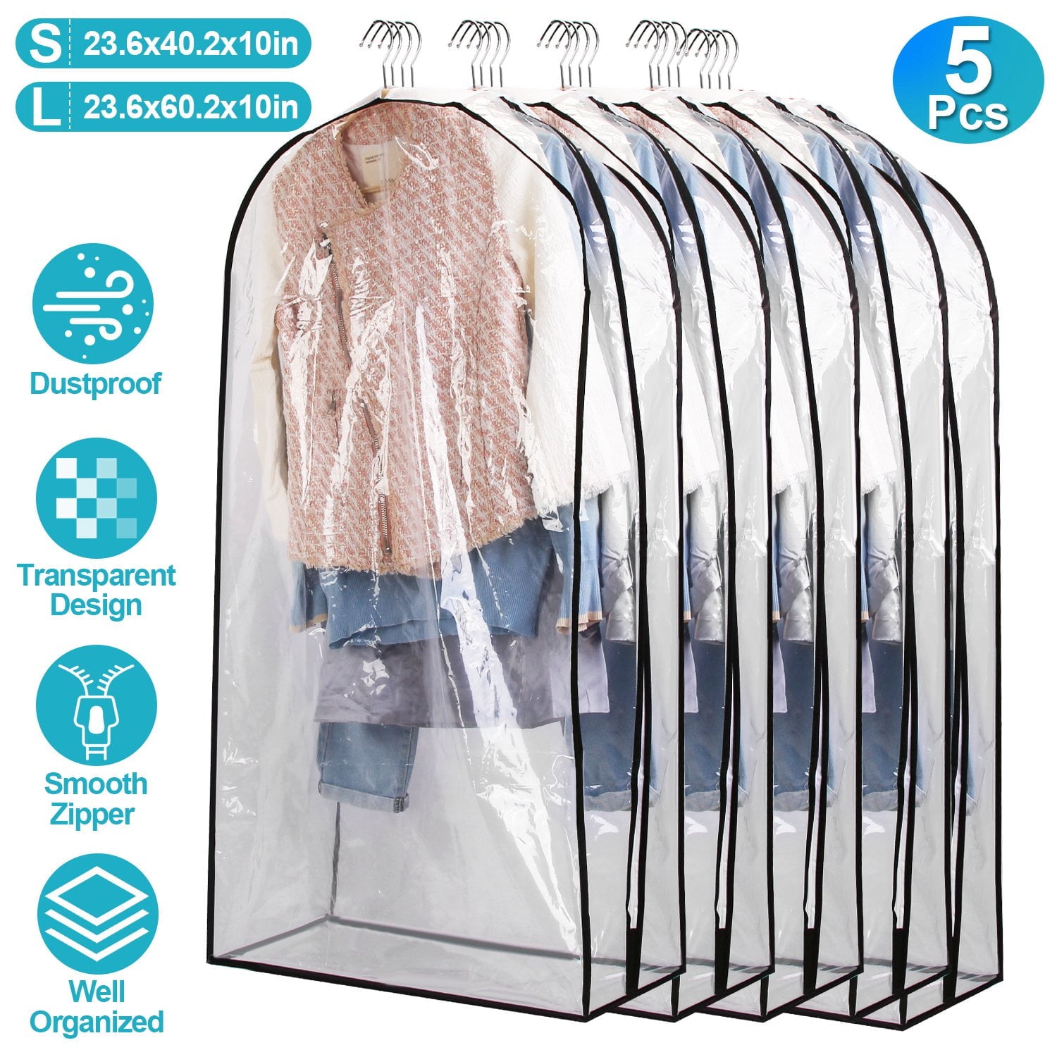 Clear Garment Bags for Hanging Clothes TeqHome Dustproof Waterproof Hanging Clothes Storage Bag Clothes Gowns Coats Suits Bags for Closet Storage and Travel S-5 Pack