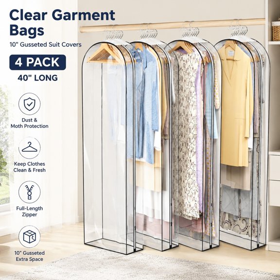 Clear Garment Bags for Hanging Clothes, 10” Gusset, 60” Suit Covers, Plastic Clothes Protector for Coats, Dresses, Shirts, Jackets, 4 Pack