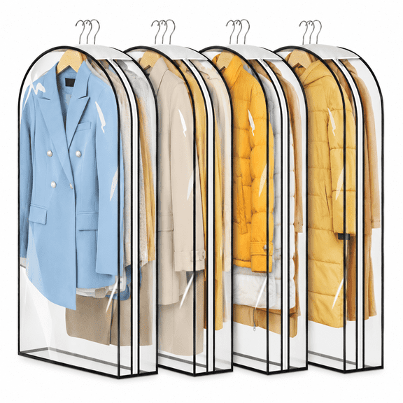 Clear Garment Bags for Hanging Clothes & Travel - Long Plastic Clothes Cover for Suit, Coat, Dress, Shirt - Closet Storage (4 Pack)