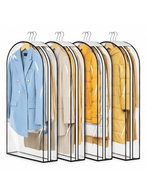 Clear Garment Bags for Hanging Clothes & Travel - Long Plastic Clothes Cover for Suit, Coat, Dress, Shirt - Closet Storage (4 Pack)