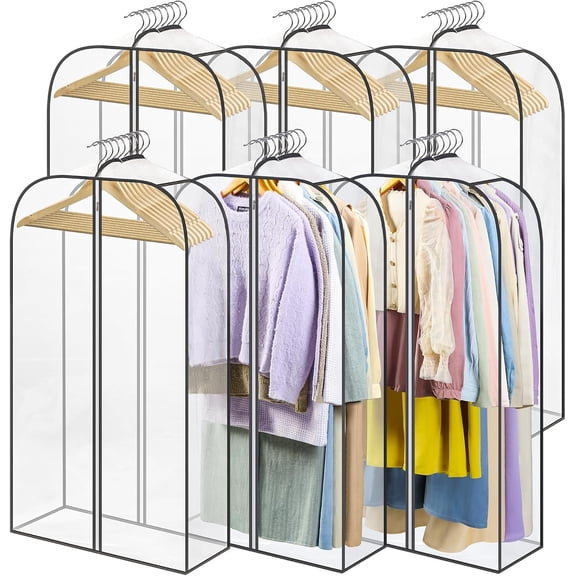 Clear Garment Bags for Hanging Clothes & Travel - Long Plastic Clothes Cover for Suit, Coat, Dress, Shirt - Closet Storage (6 Pack)