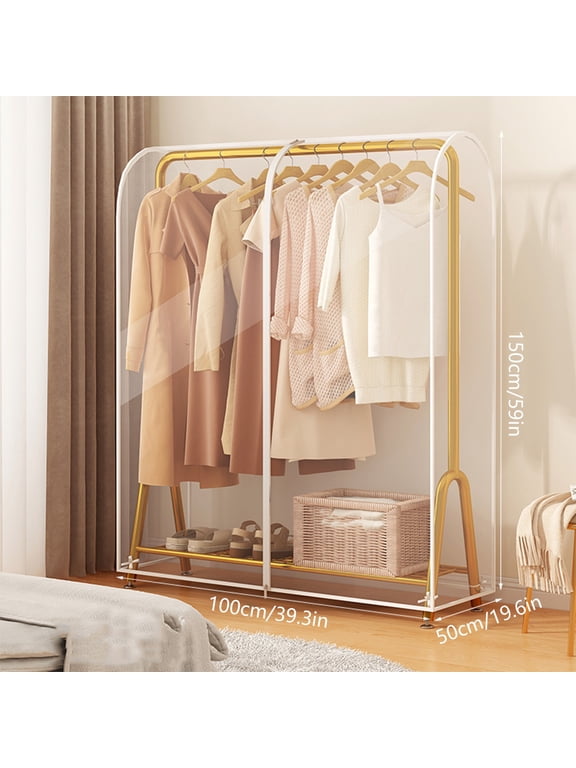 Clear Garment Rack Cover With Zipper, Usupdd Dust Proof Water Proof Clothes Hanging Rack Protector, Transparent Clothing Storage for Closet Home with Reusable Heavy Duty Plastic, White