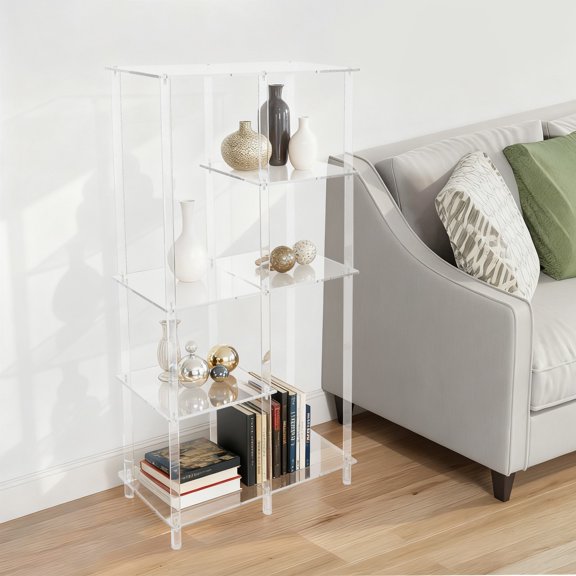 Clear Geometric Bookcase, Open Display Book Shelf, Acrylic Cuboid Bookshelf