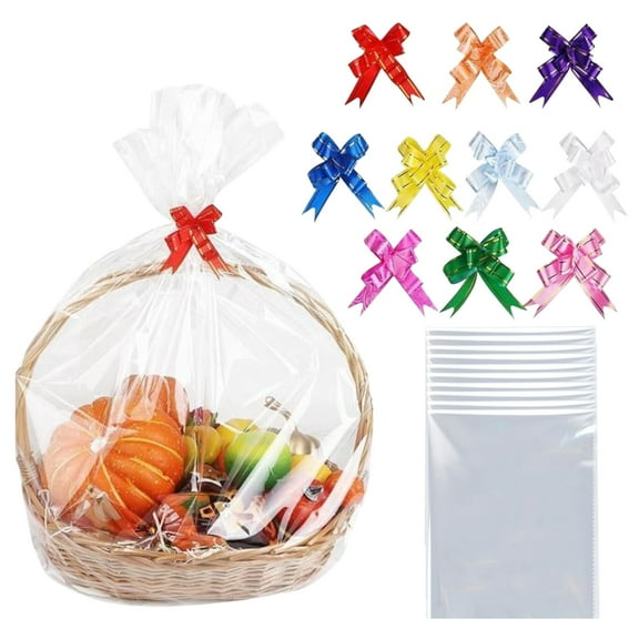 Clear Gift Bags with Bow 10 Pcs Large Cellophane Wrap for Gift Baskets Wrapping Plastic with Ties for Gift Giving, Packaging Products, 19.69x27.56 Inch, Clear