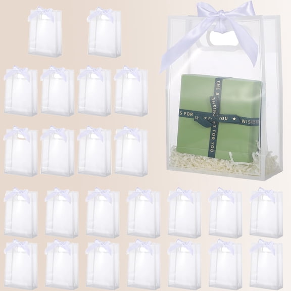 Clear Gift Bags with Handles Reusable Plastic Party Favor Bags with Ribbons for Wedding, Birthday, Shower (White/Clear, PP Material)