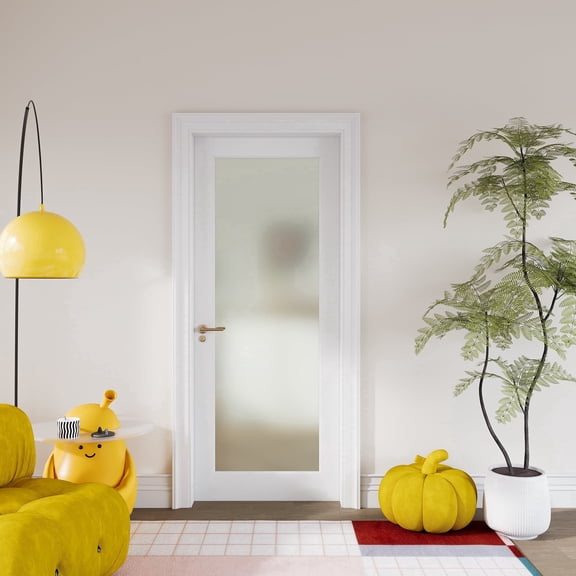 28'' X 80" Frosted Glass Interior Door Slab, 1-Lite Tempered Privacy White Primed Shaker Door for Bathroom Bedroom Closet, DIY Paintable w/o Hardware